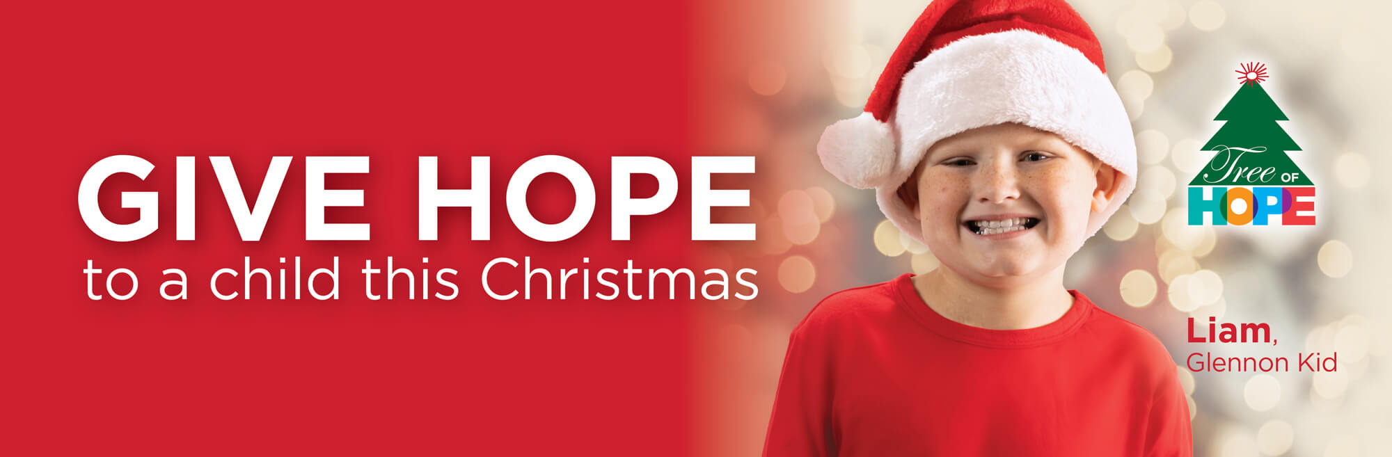 Tree of Hope web header - "Give Hope to a child this Christmas." Picture of Liam - Glennon kid